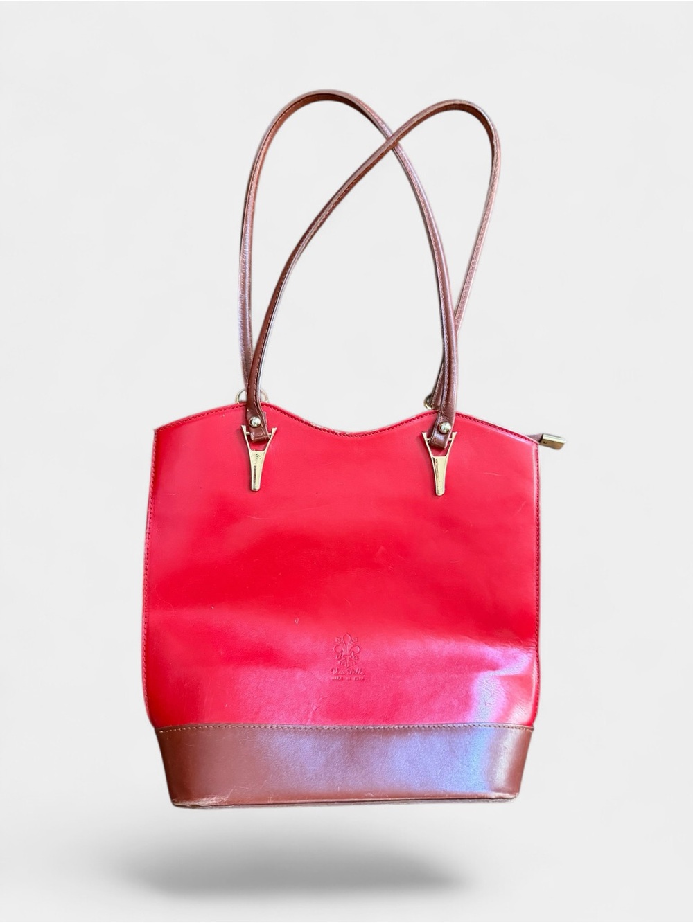 Vera Pelle Convertible Shoulder Bag Genuine Leather Red